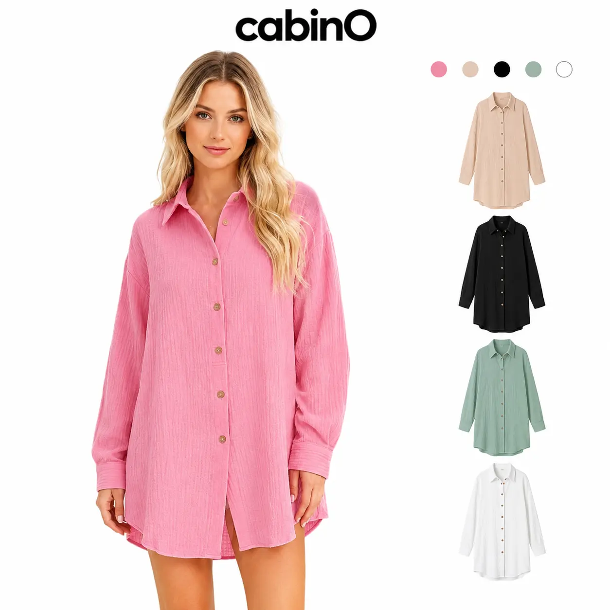 Cabino Women’s Pink Gauze Shirt and Shorts Set, 2-in-1 Oversized Long-Sleeve Button-Down Cover-Up with Attached Safety Shorts for Summer Beach, Poolside, Vacation and Resort Wear