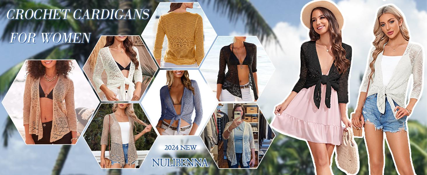 Saodimallsu Womens Sheer Shrug Sweaters 3/4 Sleeve Open Front Tie Cardigan Bolero Jacket Lightweight Crochet Knit Cover Up Tops