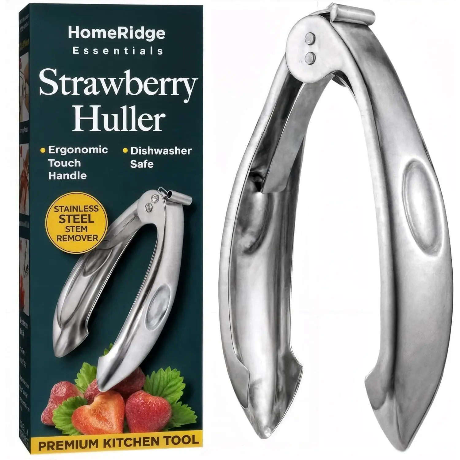 Strawberry Huller to Easily Remove Stems - Stainless Steel Tomato Corer Tool - Easy Locking Ergonomic Handle - Dishwasher Safe - Quick Dessert Prep