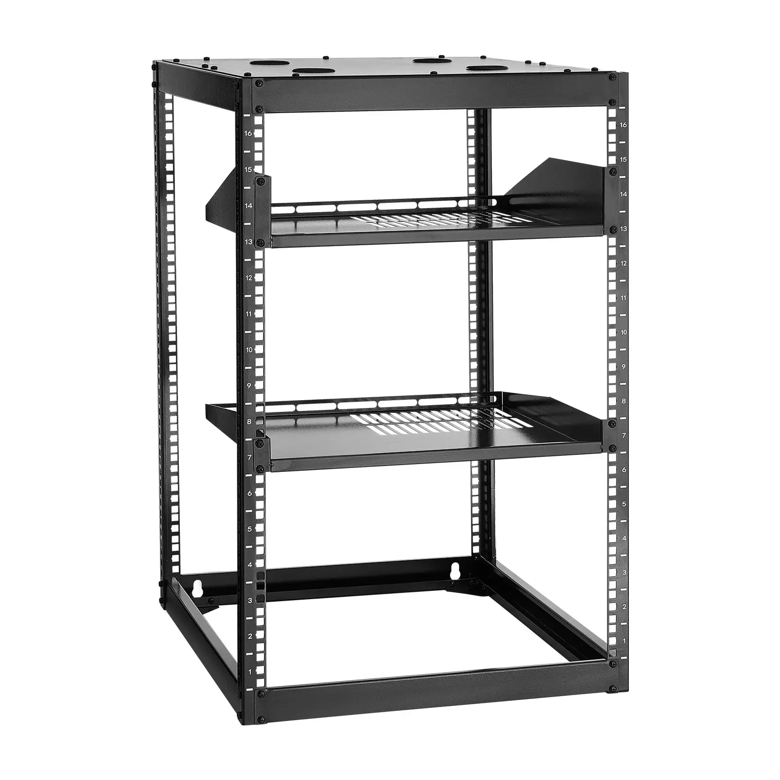 VEVOR 16U Open Frame Network Rack, 23 in Depth, Wall Mounted or Floor Standing Server Rack, Heavy Duty 4 Post, with Vented Shelves Mounting Hardware, Holds All Your Networking IT Equipment AV Gear