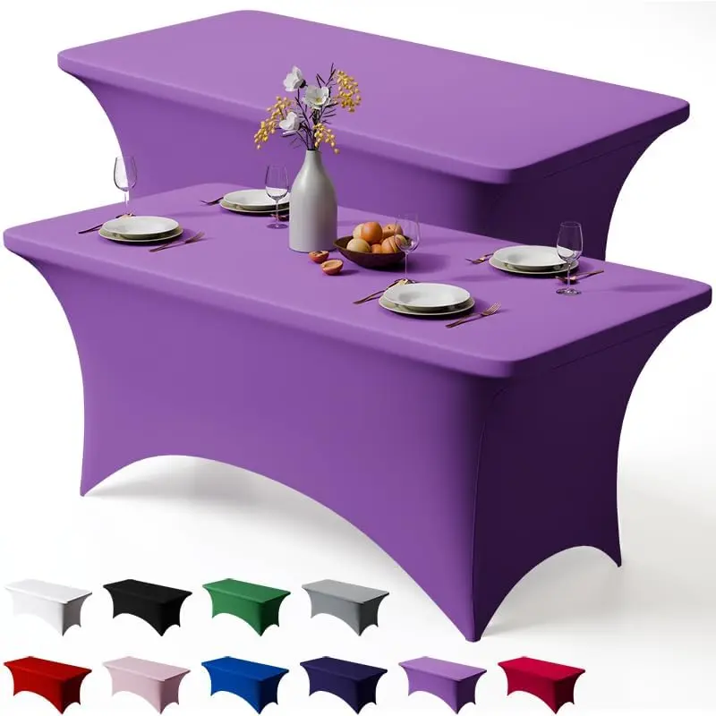2 Pack 8FT Spandex Table Cloth - 96 x 30 Inch Rectangular Stretch Tablecloth, Wrinkle Resistant Scretch Table Cover for Wedding, Party, Banquet, Picnic, Outdoor Decoration (2Pcs,Purple)