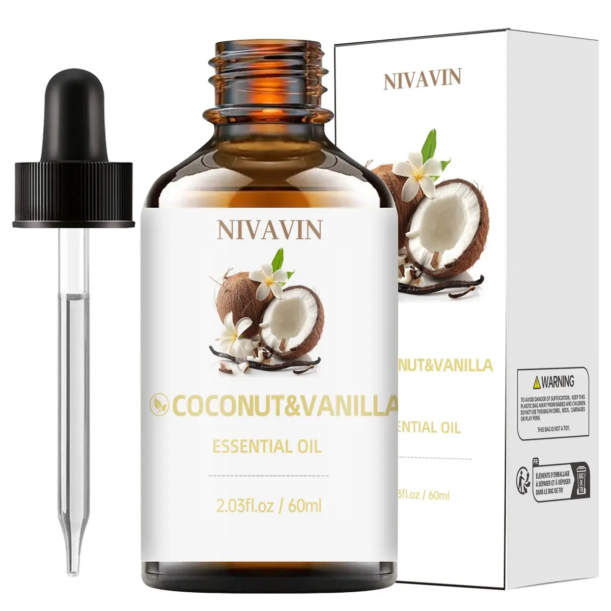 NIVAVIN Coconut Vanilla Aromatherapy Essential Oils 60ml is made from 100% pure natural plant extracts. Its rich coconut aroma is invigorating and long-lasting. Suitable for various home uses, and can also be customized for your own DIY applications.