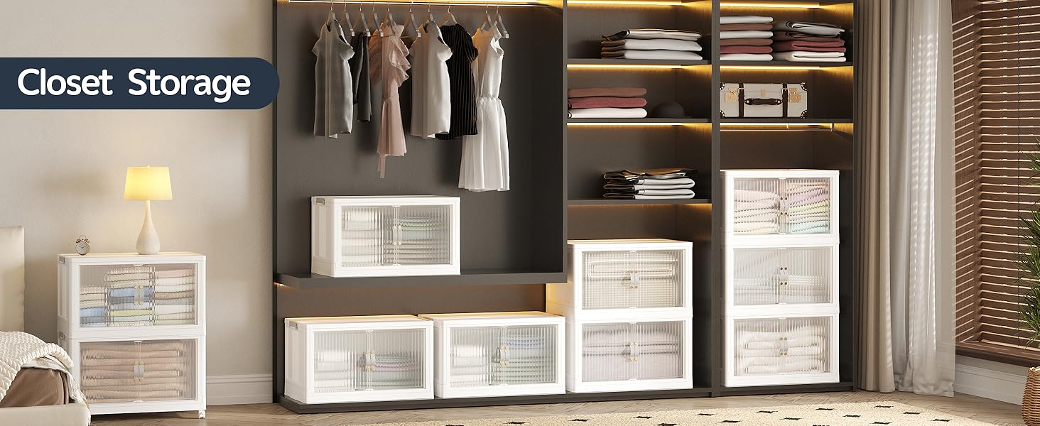 JONZEN 192Qt Plastic Storage Bins with Lid, 48GAL Closet Organizer and Stackable Storage Drawer, Collapsible Clear Box with Wheels, Clothes Cabinet Containers for Home Garage, 4Pack White