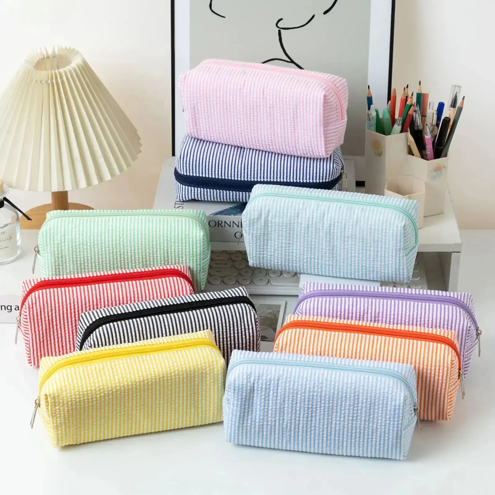 Seersucker Pencil Case with Embroidery, Large Capacity Zipper Stationery Pouch for Pens & School Supplies, Cute Striped Organizer Bag for Students, College, Office, Travel & Daily Storage sohochic