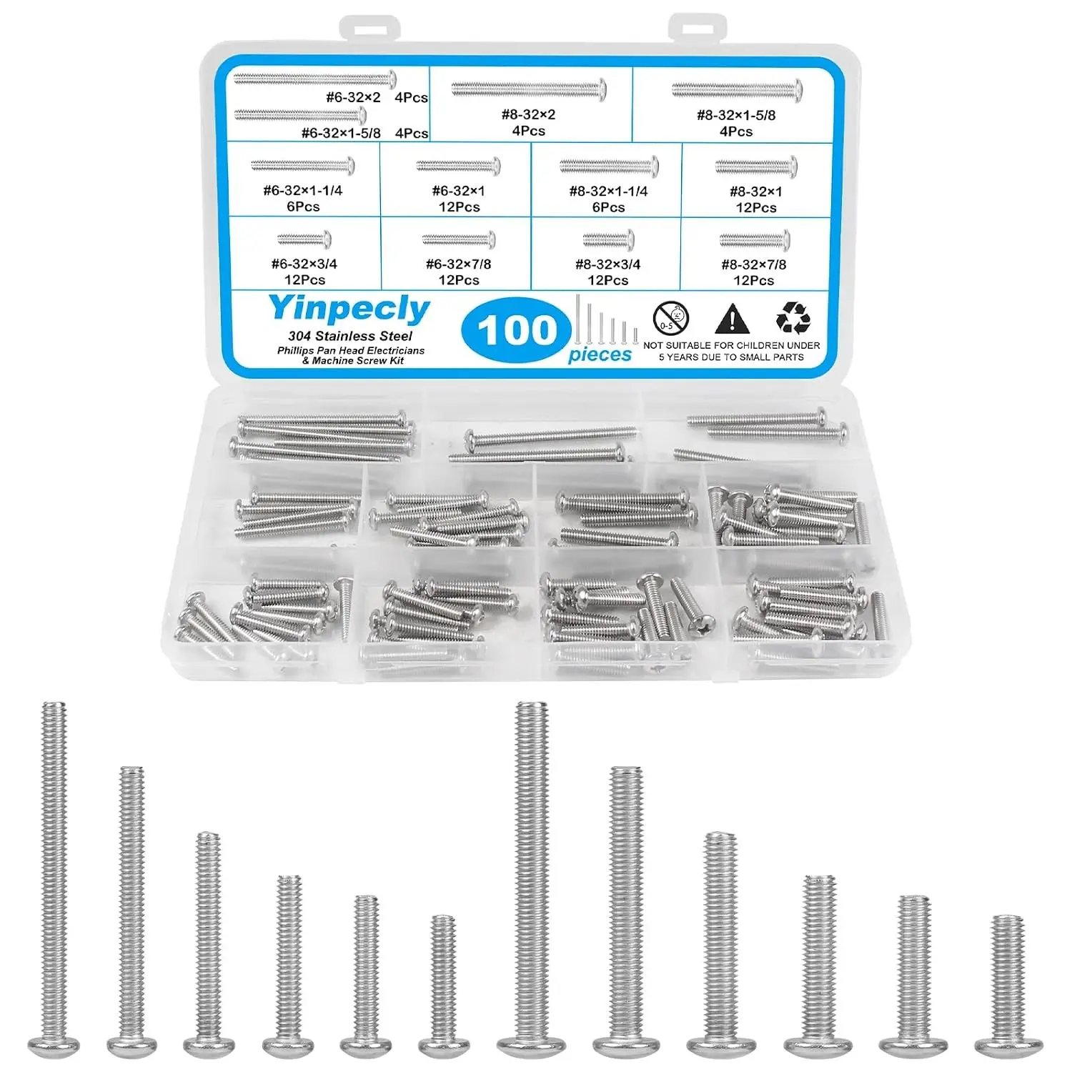 100 PCS Machine Screws, #6-32#8-32 Phillips Pan Head Electricians Screw 304 Stainless Steel Screws for Electrical Wall Plate Switch, Receptacles Mounting Screws