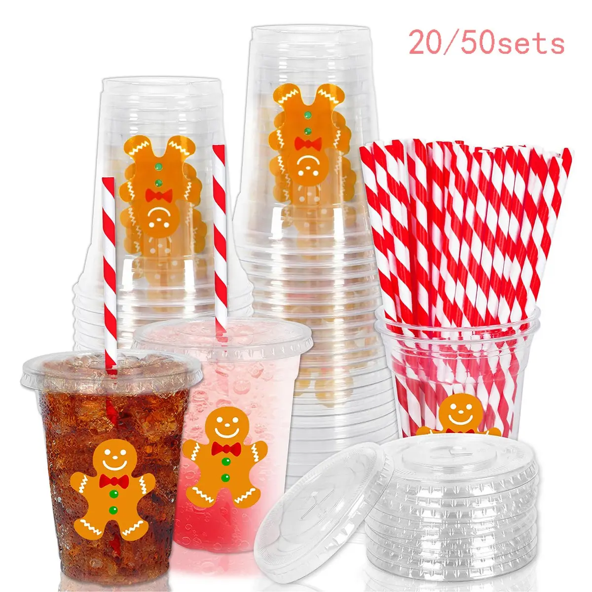 20/50pcs Christmas Disposable Plastic Cups Set, with Lid and Straw, 12oz, Party Cups, Gingerbread Cold Drink Cups, Festive Holiday Party Supplies