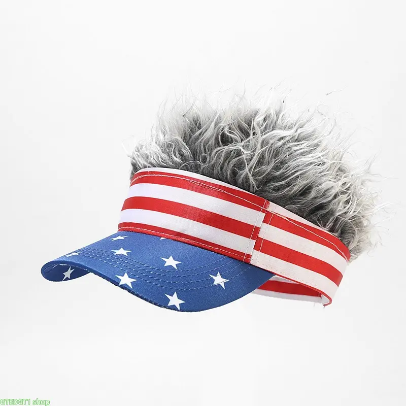 Sun Visor Hat, Patriotic Flag Print Fake Hair Visor Cap, Novelty Costume Hat With Fluffy Synthetic Curly Hair, Adjustable Headwear, Lightweight Sun Protection Hat, Suitable For Fourth Of July Parades, Themed Party Cosplay And Outdoor Holiday Events For Ad