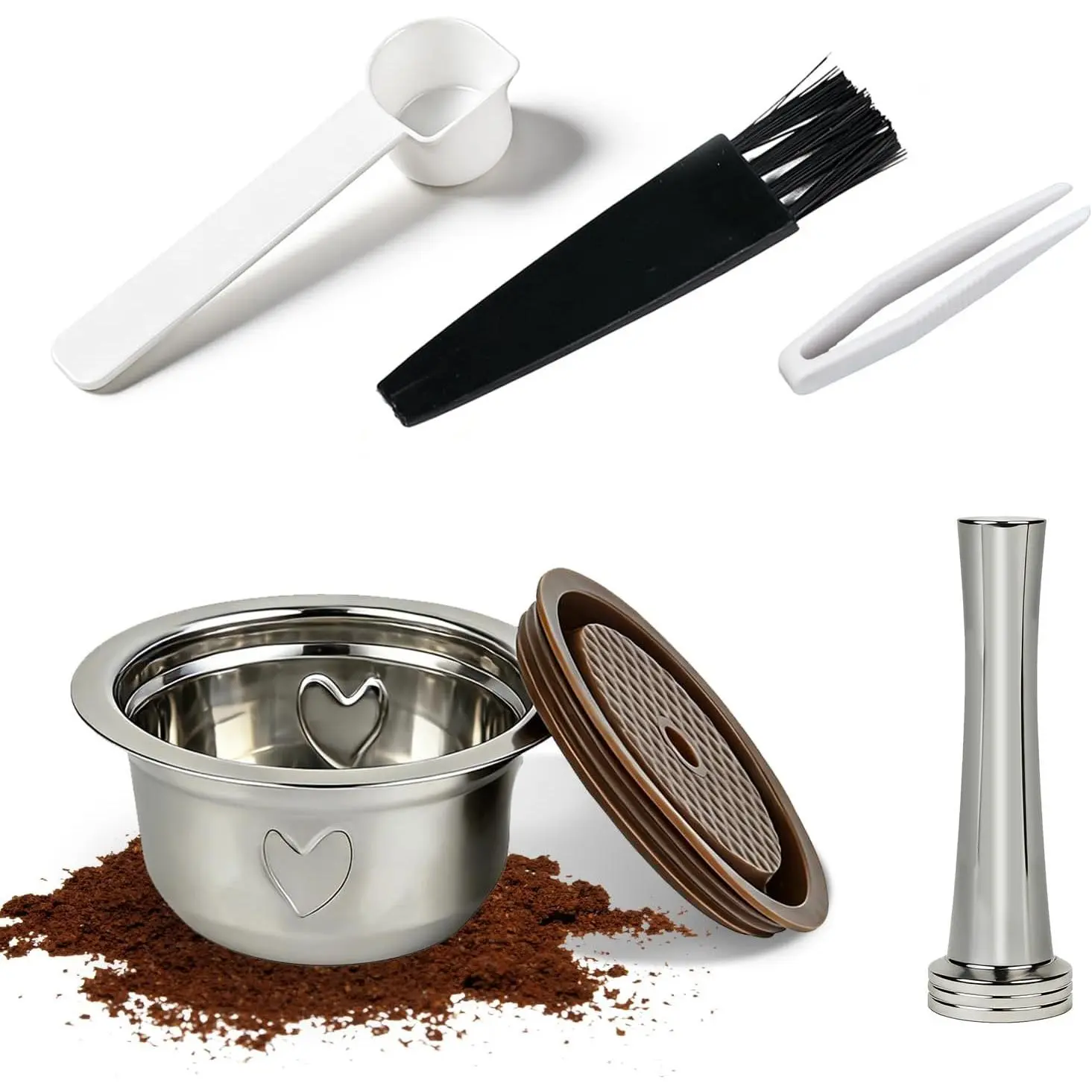 Reusable Coffee Pods Kit, 230ml Stainless Steel Coffee Capsule with Silicone Lid, Spoon, Brush, Coffee Tamper, Tweezers, Compatible with Nespresso Vertuo Machines