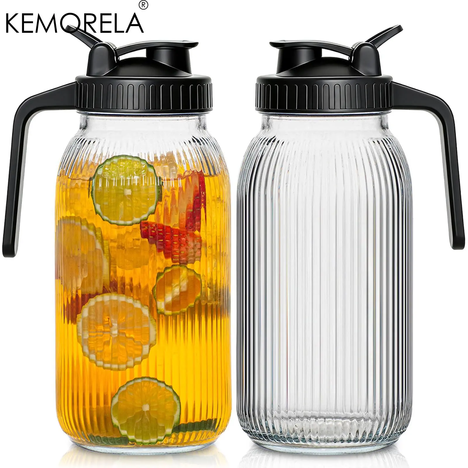 Kemorela 64oz Glass Mason Jar Lemonade Pitcher with Pour Spout Lid, 2-Pack, Leak-Proof, Fridge Safe, for Cold Brew, Sun Tea, Fruit Drinks