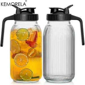 Kemorela 64oz Glass Mason Jar Lemonade Pitcher with Pour Spout Lid, 2-Pack, Leak-Proof, Fridge Safe, for Cold Brew, Sun Tea, Fruit Drinks