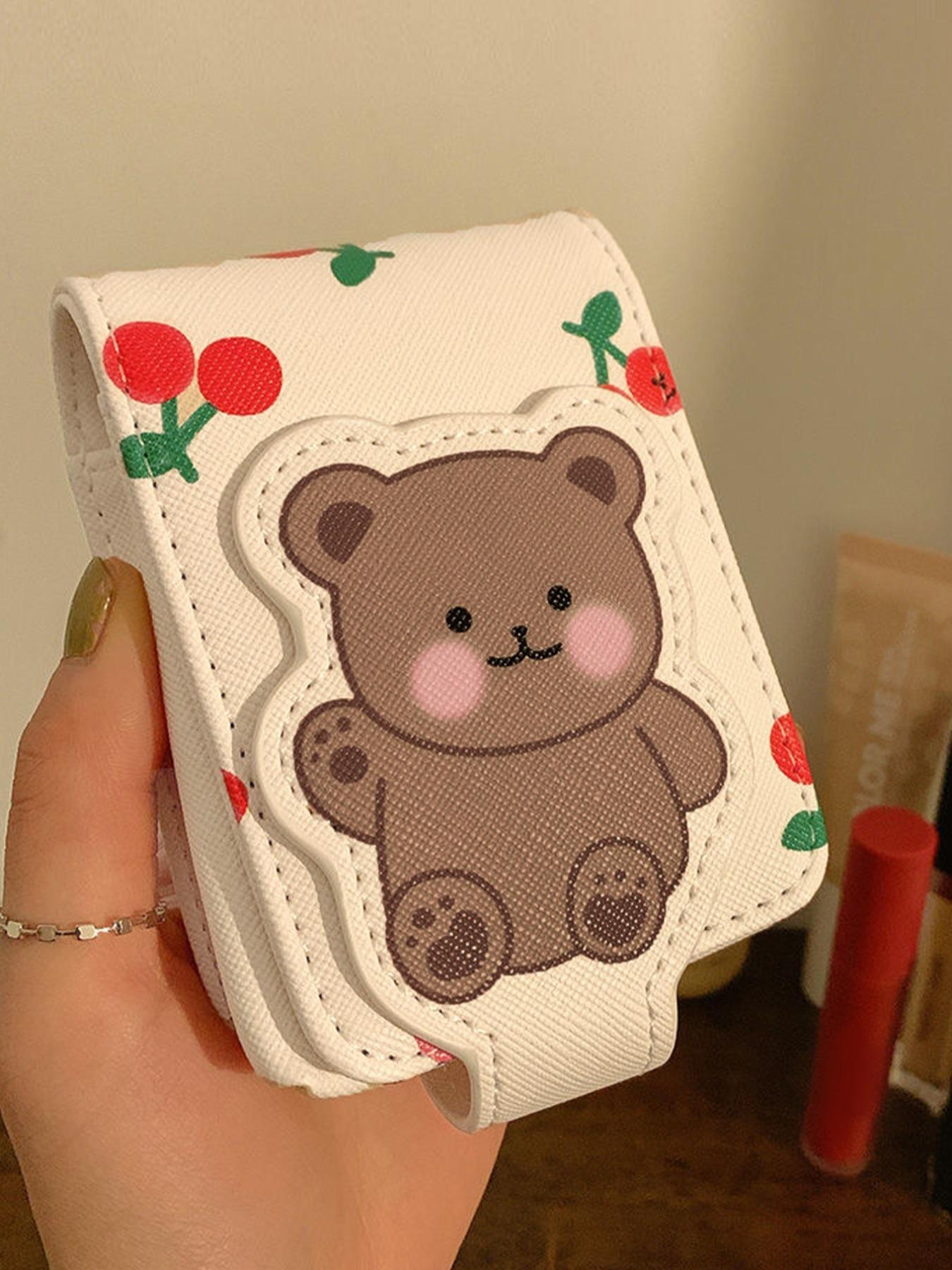 Father's Day Gifts, Cute Cartoon Bear & Cherry Pattern Makeup Bag with Mirror, Back To School, Portable Travel Makeup Bag, Cosmetic Storage Bag, Makeup Organizer Pouch for Women & Girls,