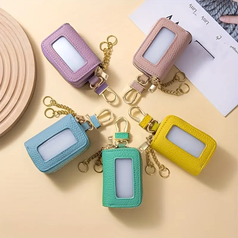 Cute Double Layer Leather Key Wallet with Clear View Window, Car Remote Key Fob Holder Keychain Pouch, Small Portable Key Organizer Bag for Girls, Holds Keys Coins ID Card for Purse Backpack, Car Key Chains
