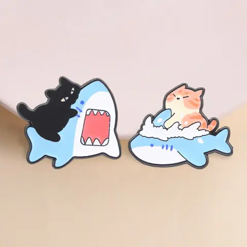 Cat Riding Shark Enamel Pin Set, Funny Animal Decorative Lapel Badge, Brooch Pins, Brooches, Unique Fashion Accessory, Perfect Gift Idea