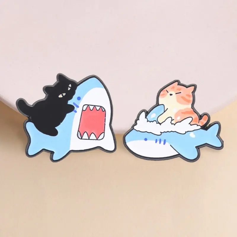 Cat Riding Shark Enamel Pin Set, Funny Animal Decorative Lapel Badge, Brooch Pins, Brooches, Unique Fashion Accessory, Perfect Gift Idea