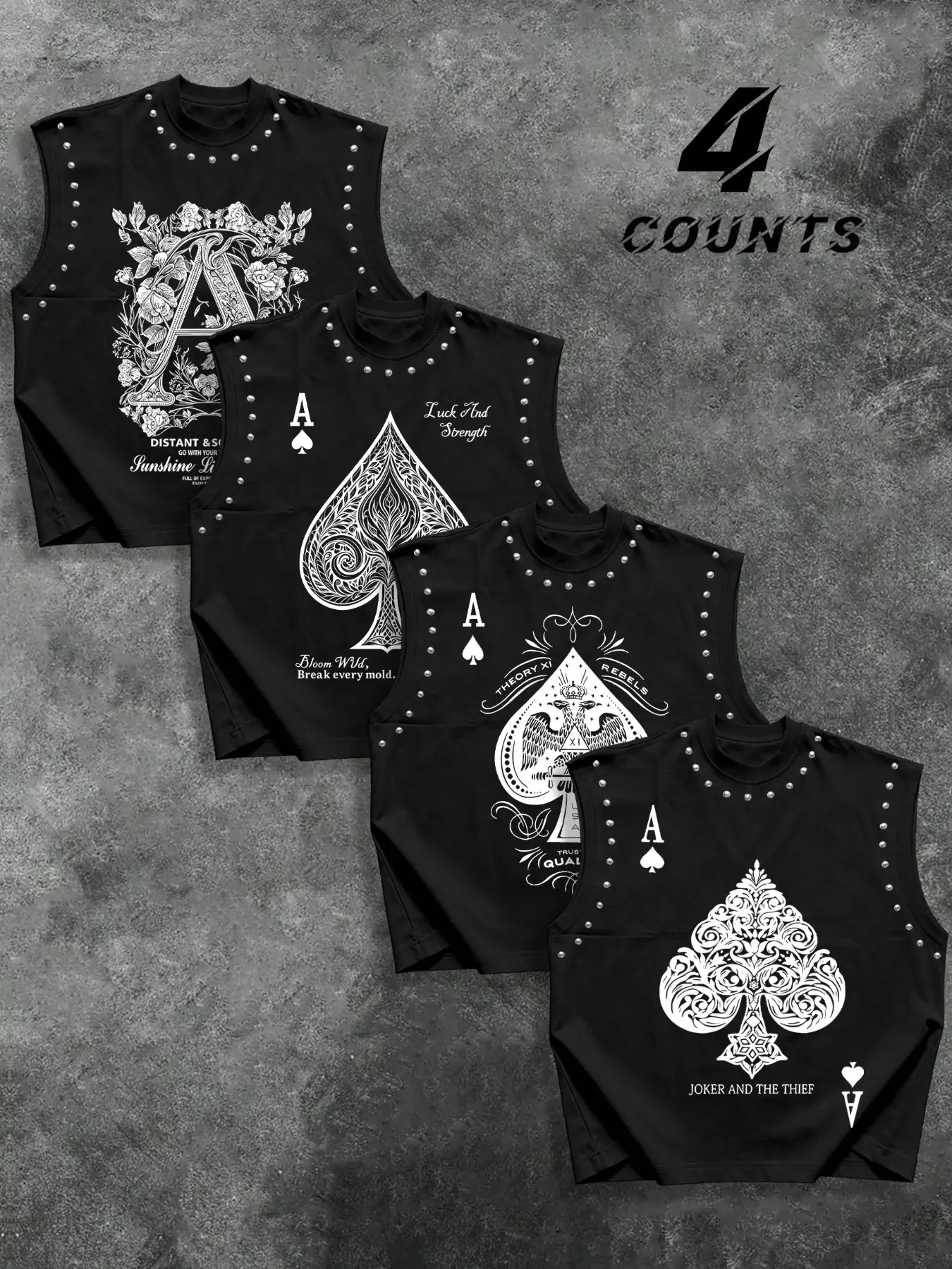 4-Pack Men's Rivet Ace of Spades Print Sleeveless Tank Tops, American Retro Punk Loose Fit Casual Vest, Street Style Unisex Clothing