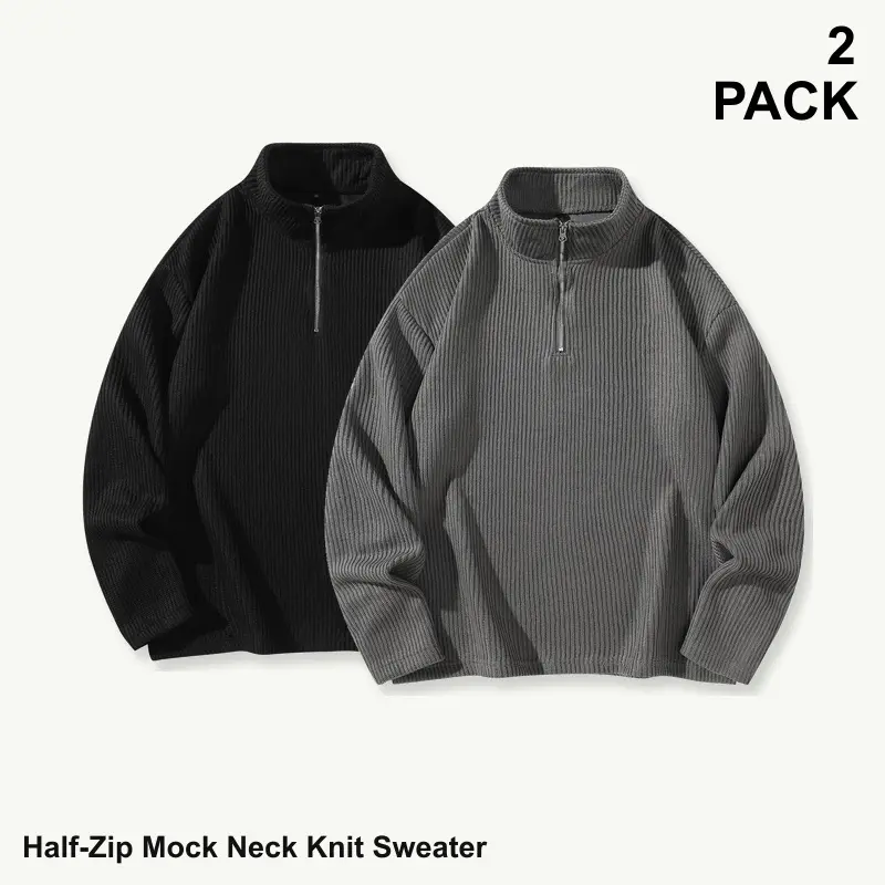 Men's Oversized Half-Zip Mock Neck Ribbed Knit Pullover Sweater, 2-Pack Mixed Assorted Solid Colors, Everyday Multipack, Long Sleeve Textured Top, Sizes S-XXL, Group 2