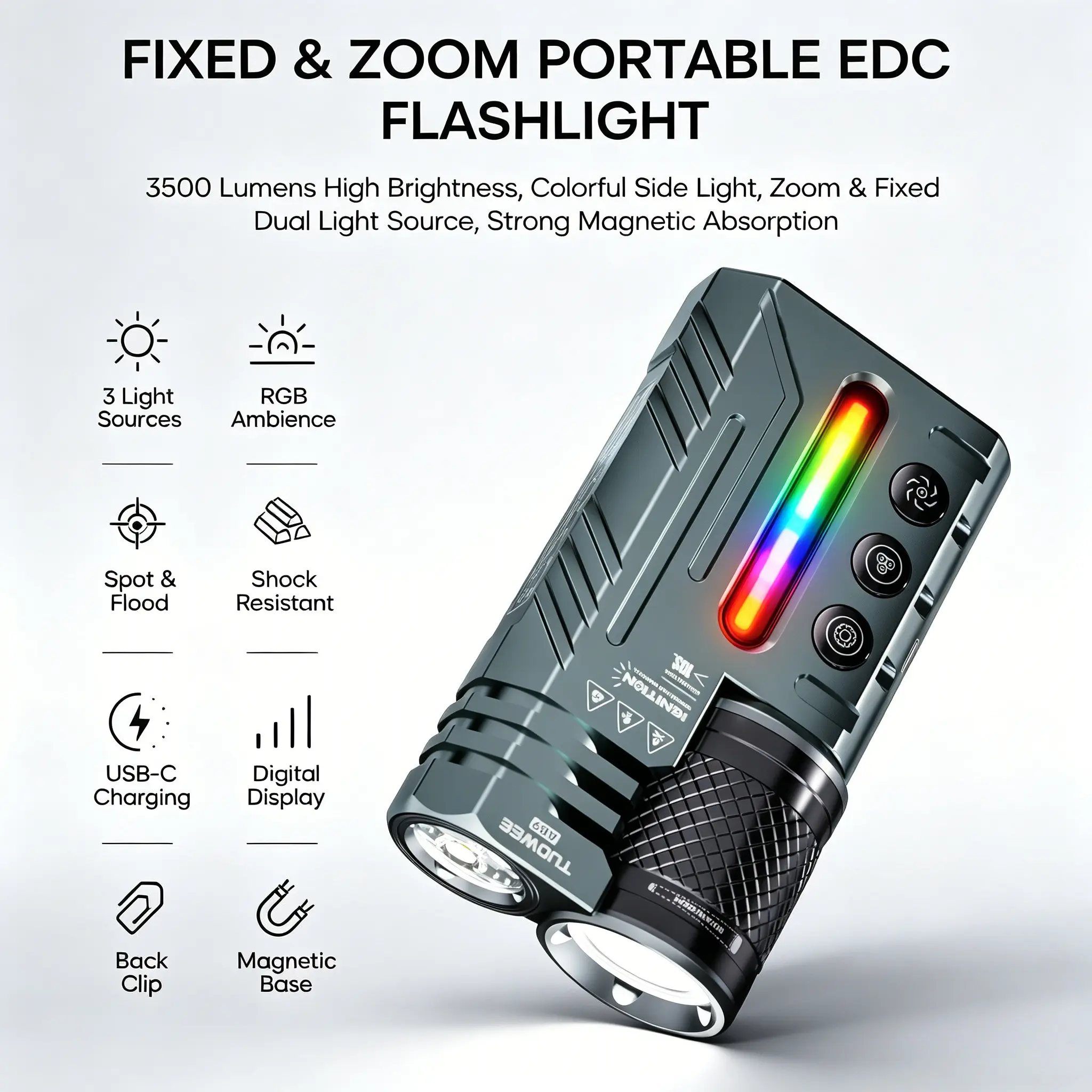 Tuowee Ab9 Multifunctional Zoom Flashlight, Dual LED, RGB Ambient Light, Laser Pointer, USB-C Rechargeable, Waterproof, Edc Tactical Torch, Zoomable Torch