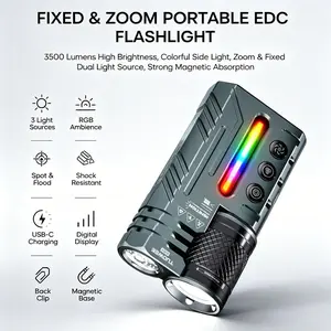 Tuowee Ab9 Multifunctional Zoom Flashlight, Dual LED, RGB Ambient Light, Laser Pointer, USB-C Rechargeable, Waterproof, Edc Tactical Torch