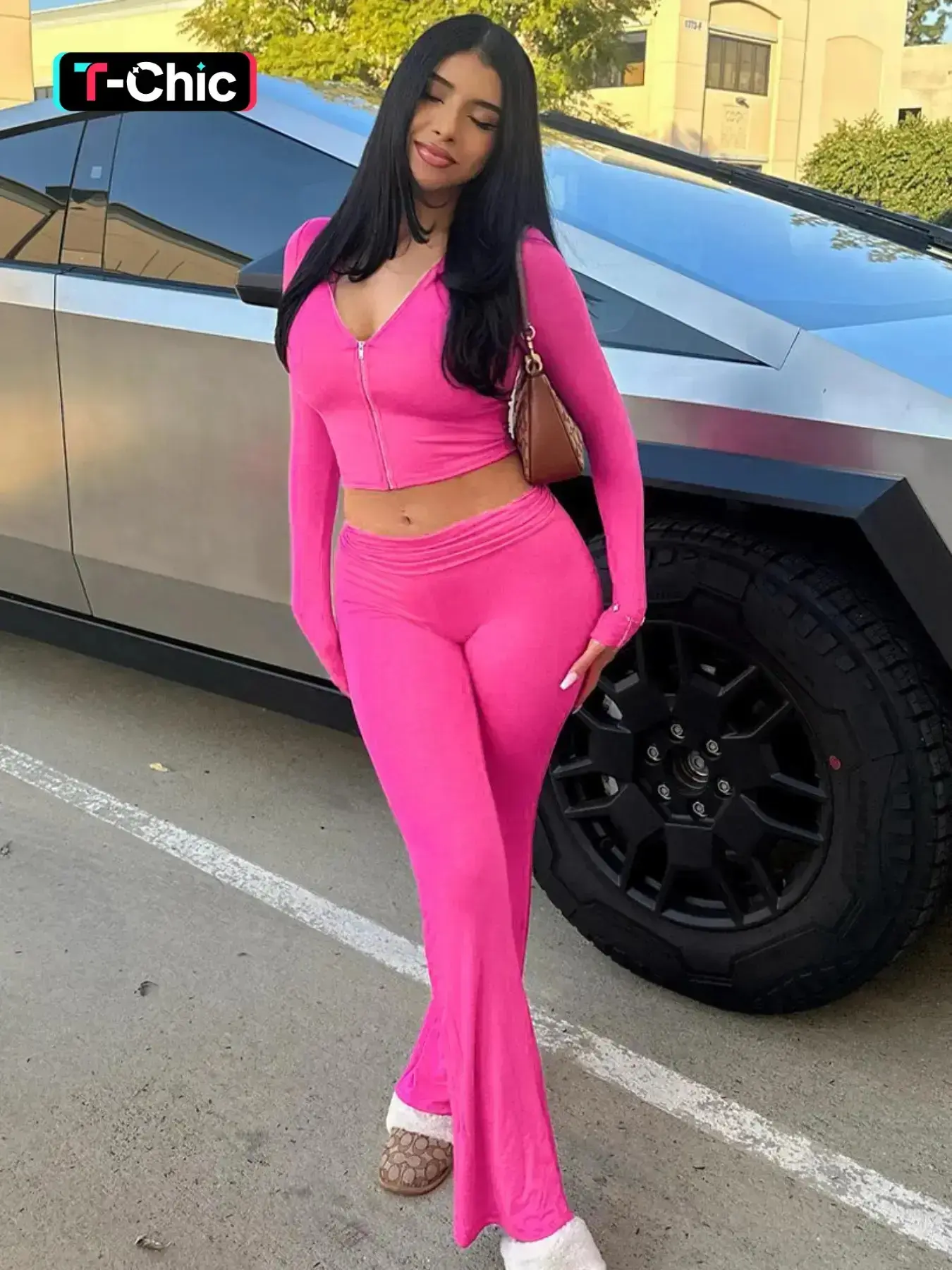 2026 Women's Solid Knitting Zip Up Zipper Hooded Crop Tight Hoodie & Waist Flare Leg Pants Set, Casual Long Sleeve Top & Bell Bottom Trousers, Ladies & Fall Fashion Clothes Womenswear