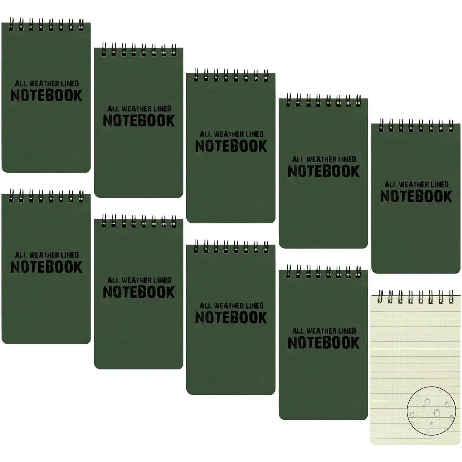 Waterproof Tactical Notebooks 10 Pack, 3x5 Inch Top Spiral Memo Pads with Grid Paper, Army Green Compact Fit for All Seasons Outdoor Recording
