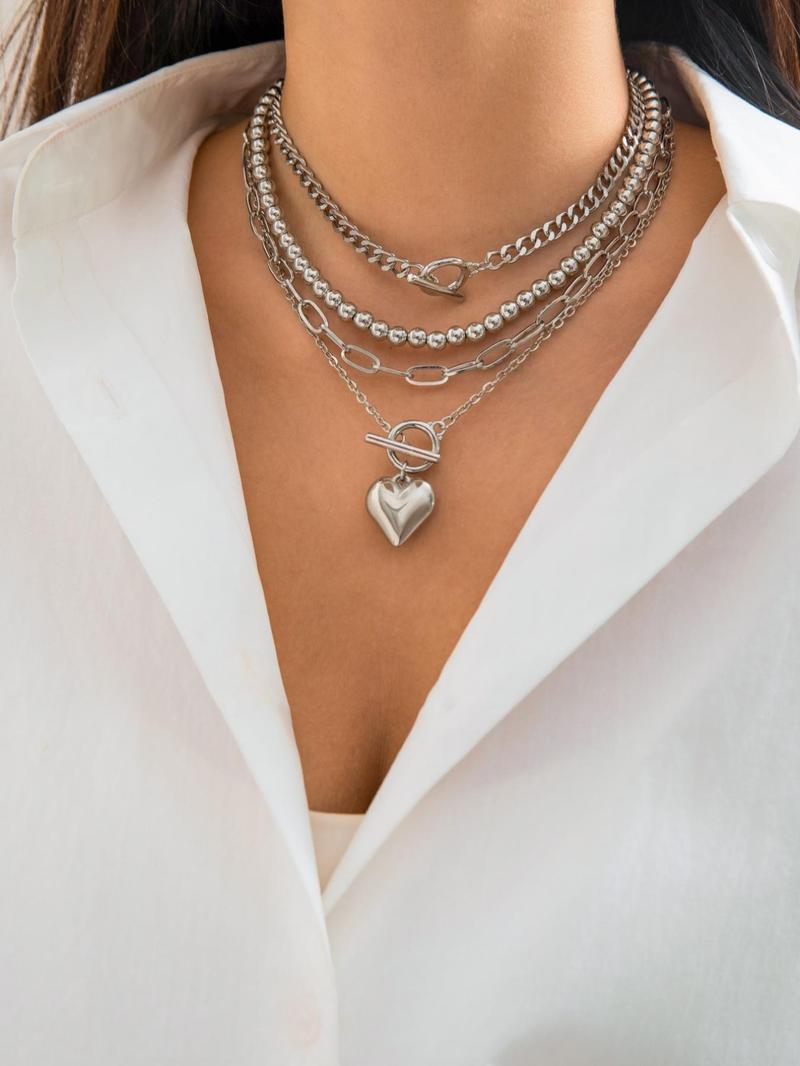 Women's Punk Style Love Heart Necklace & Chain Necklace & Beaded Necklace, Stackable Clavicle Chain, Multilayer Necklace, 4pcs/set Trendy Ot Buckle Design Matching Necklaces, Chic All-match Jewelry As Gift for Girlfriend, Exquisite Jewelry Gift