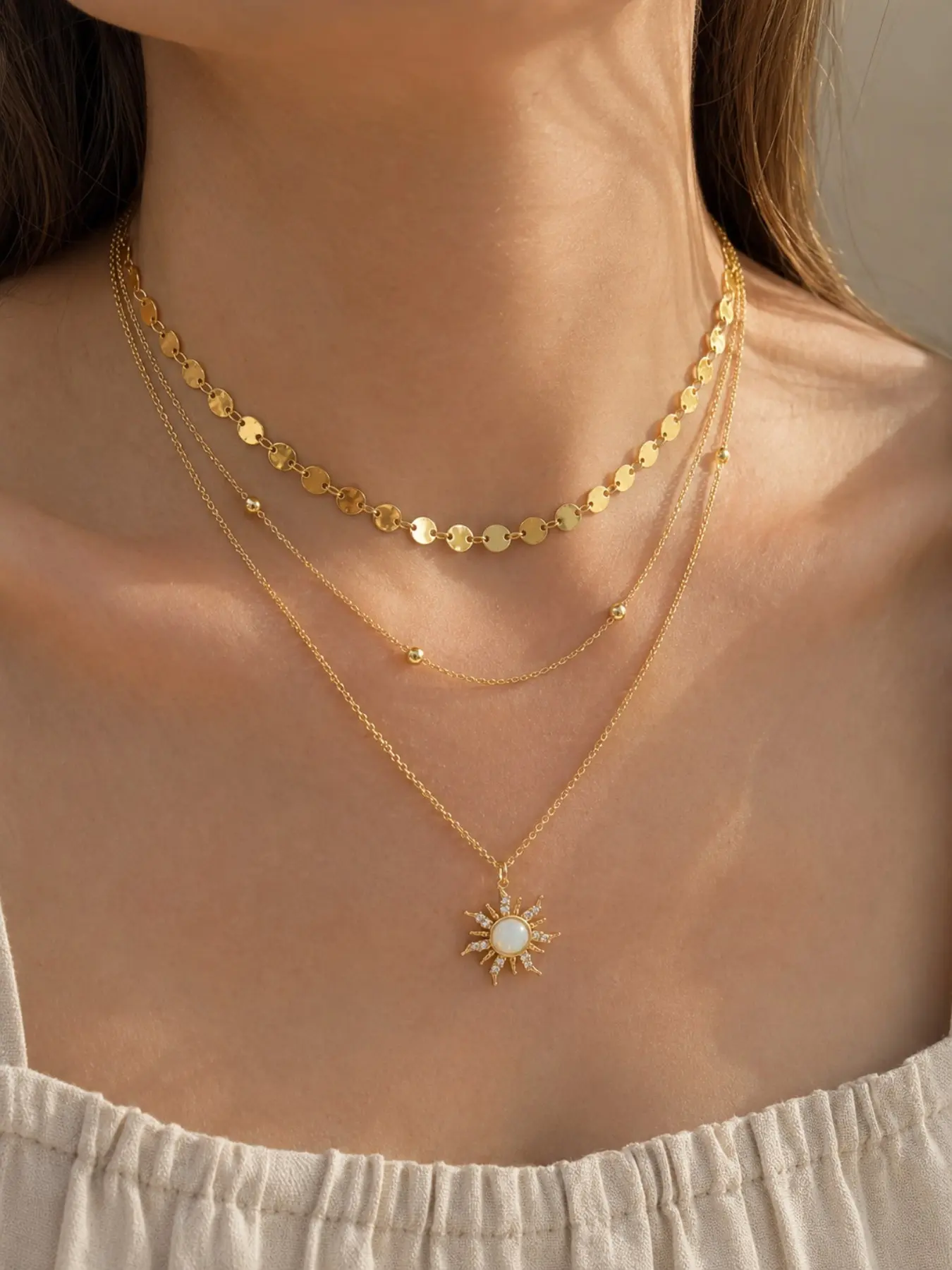 3Pcs Layered Sun Necklace Set for Women, Three Strand Gold Color Disc and Beaded Chains with Opal Look Sun Pendant, Boho Jewelry for Summer Vacation, Music Festival, Holiday Gift, Decorative Necklace