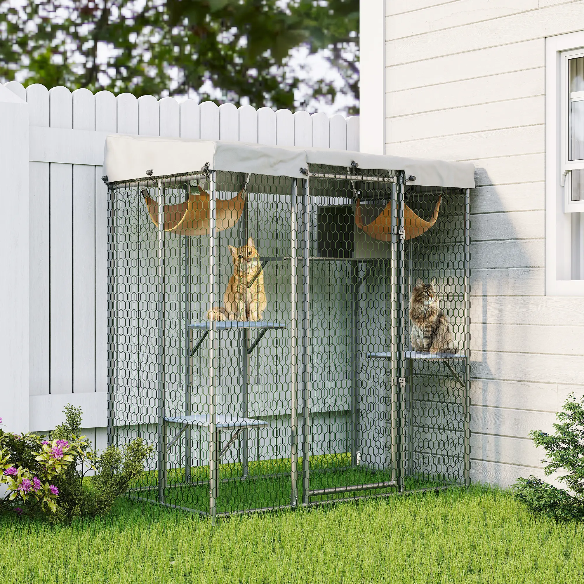 Large Outdoor Catio Cat Enclosure, 79''W Metal Cat Patio with Waterproof UV-Resistant PE Roof, Cats Catio Shelter with 4 Platforms, 2 Hammock and Resting Box,Spacious Multi-Level Design for Climbing, Playing, and Relaxing