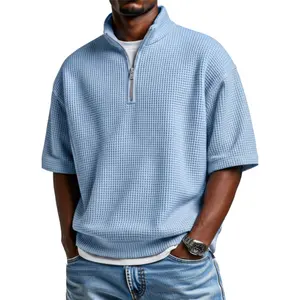 100% Polyester Breathable Textured Half Zip Polo, Oversized Loose Fit Mid Sleeve Pullover for Golf Office Daily Street Wear Casual Leather Menswear Soft Classic Comfy Denim Fitness Grid Khaki