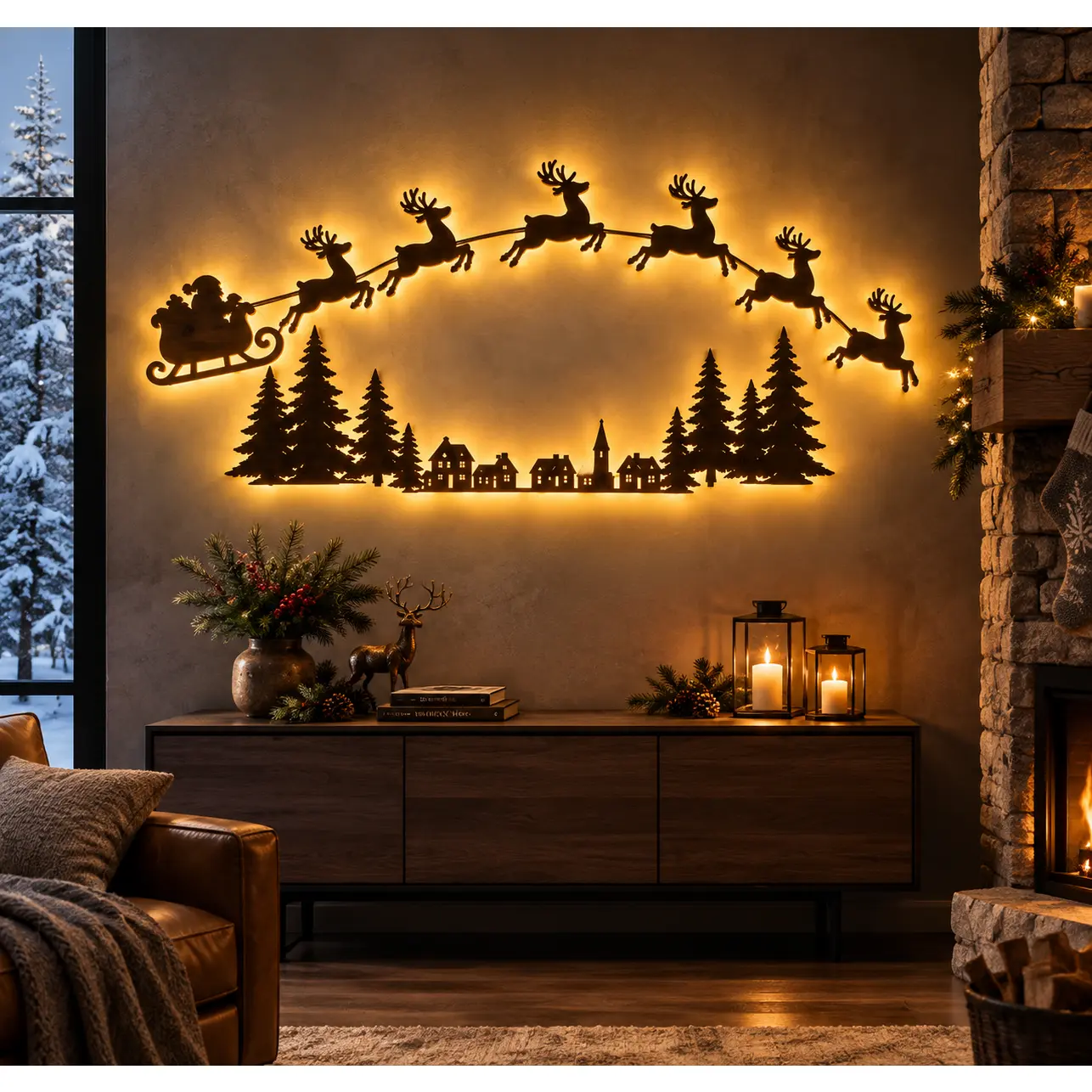 Christmas Reindeer and Santa's Sleigh Wall Decor – Multicolor LED Holiday Wall Decal Light; Suitable for Christmas Decoration in Living Rooms, Bedrooms, and Entryways