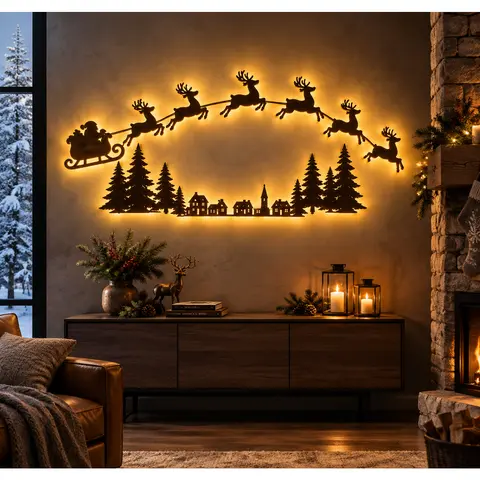 Christmas Reindeer and Santa's Sleigh Wall Decor – Multicolor LED Holiday Wall Decal Light; Suitable for Christmas Decoration in Living Rooms, Bedrooms, and Entryways
