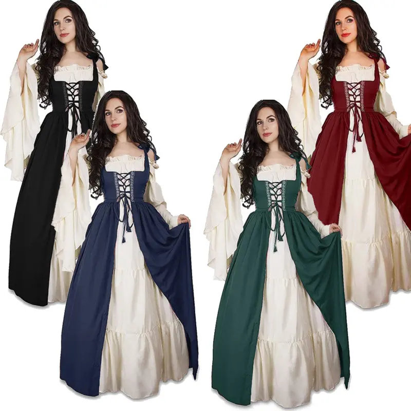 Vintage Renaissance Long Dress S-3XL, Medieval Lace Up Waist Gown, Elegant Court Style Robe for Stage Show & Themed Party