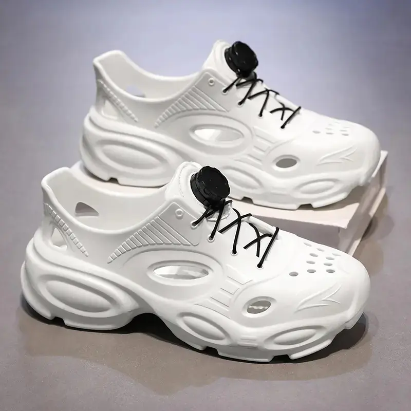 Men's Quick-Lock Lace-Up Clogs, White Chunky Platform EVA Sneakers, Breathable Hollow Out Casual Shoes for Men