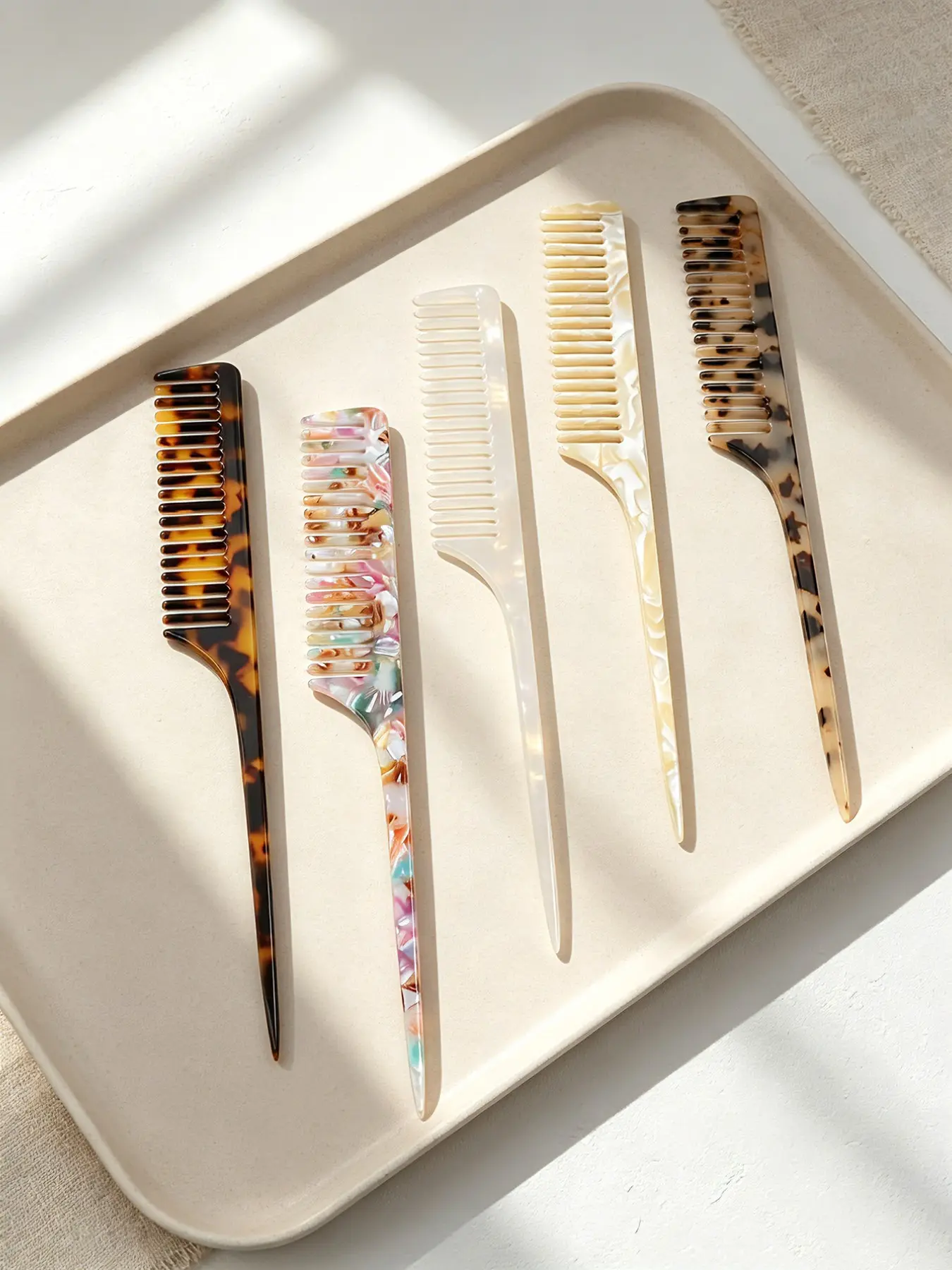 5pcs Marble Texture Acetate Hair Comb, Long Handle Pointed Tail, Anti-Static, Gentle on Hair, Dense Teeth, Stylish Leopard Pattern