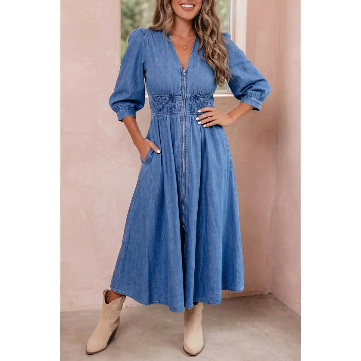 Denim Midi Dress for Women with V-Neck, Front Zipper, Comfortable Smocked Waist Fit and Puff Sleeves, Day, Casual, Bracelet Sleeves, Mid-Length Cut, Cotton Denim Casual Dresses, Denim Fabric Casual Dresses, High-Quality Denim Casual Dresses
