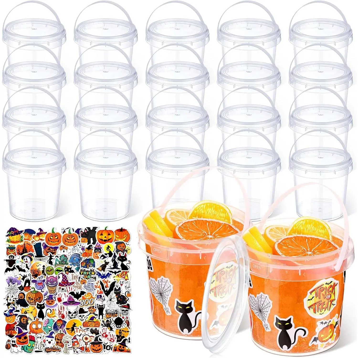 20 count 34oz Halloween Pail Summer Halloween Candy Bucket with Handle | Summer Halloween Candy Bucket with 100  Stickers.  Lightweight  for Candy Drinks Snacks Asummer Party