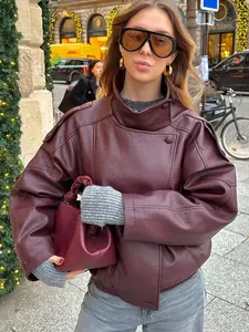 Women's Leather Jacket Asymmetric Oversized Bomber Jacket Vintage Long Sleeve Motorcycle Jacket Outerwear For Spring & Fall Minimalist Womenswear Loose-Fitting Casual Coat For Daily Wear
