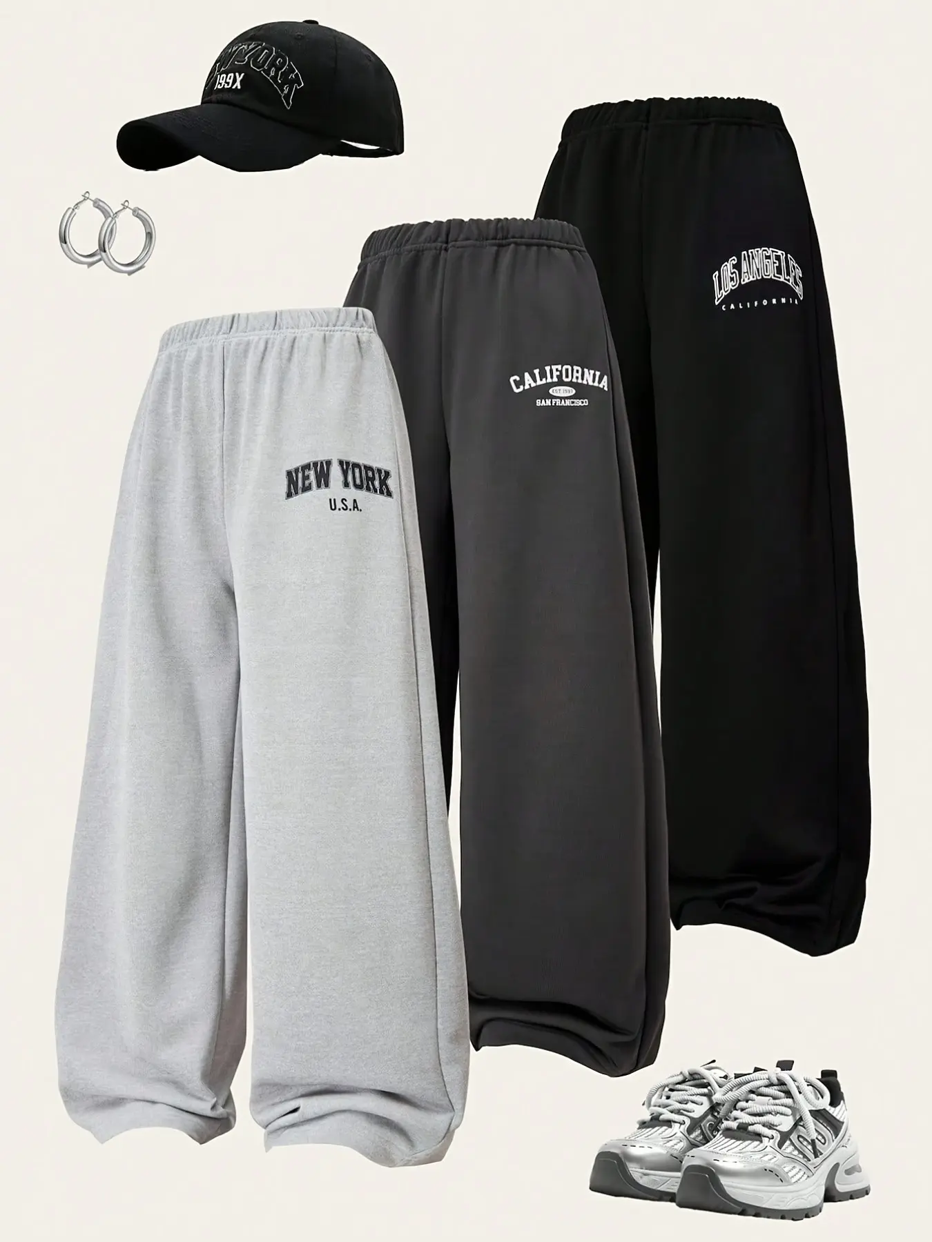 3-Pack Girls' Letter Pattern Sport Pants, Long Straight-Leg Trousers, Casual All-Season Wear, 3 Colors, Spring & Fall Daily