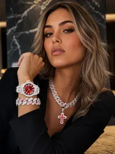 4 Pcs Hip Hop, Costume Jewelry Set, Iced Out Quartz Watch, Chunky Cuban Link Necklace, Cross Pendant Chain, Matching Bracelet, Bling Rhinestone Style, Unisex Accessory Gift, Night Out, Music Party, Streetwear Outfit, Festival Look