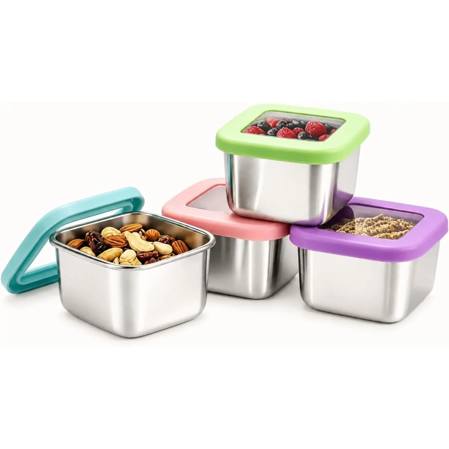 4 Pack 6oz Stainless Steel Snack Containers with Clear  | Portable Snack Box,, Leak-proof & Stackable, Easy Open for , Peek Inside Foods without Opening, For  & Travel