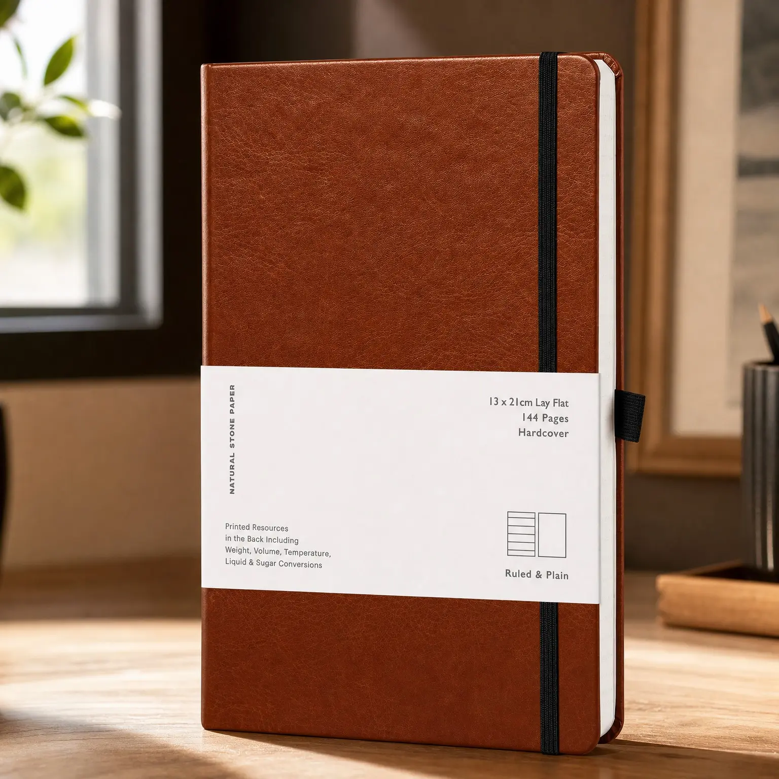 Chef Notebook – 13 x 21 cm Waterproof Paper, 144 Pages, Half Lined & Half Blank, Vegan Leather Hardcover, Kitchen Conversions, Premium Journal (Tan Brown)