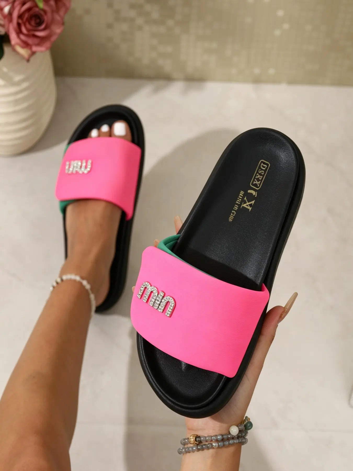 Ladies Summer Trend Slides, Bright Rose Satin Vamp, Glitter Rhinestone, Chunky Sole, Non-Slip, Casual Sandals for Indoor Outdoor