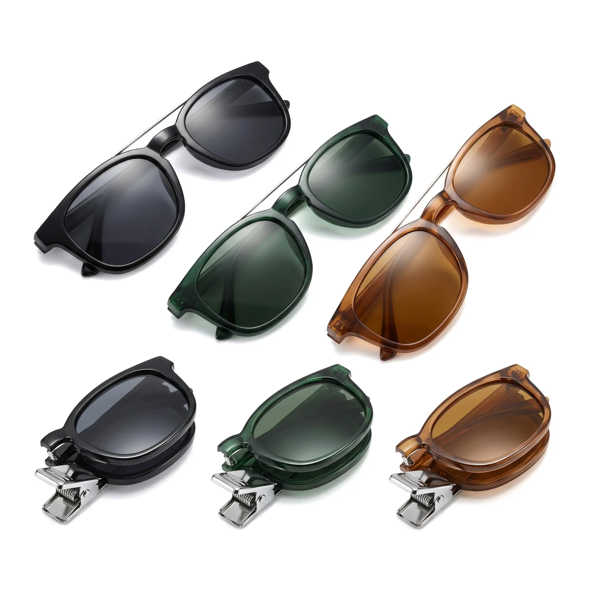 Clip-On Fold Sunglasses, UV400 Protection Polarized, TR90 Frame Lightweight, Square Silhouette Slimming for Driving, Outdoor Activities