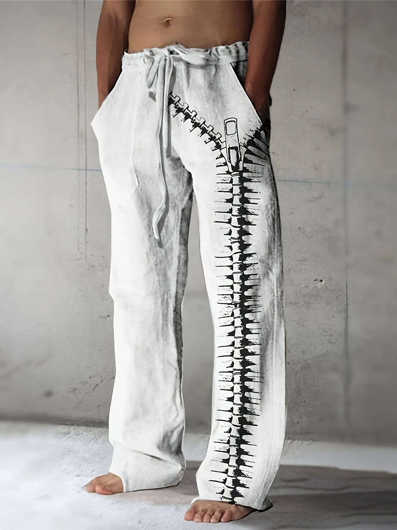 Men's Casual Wide-Leg Pants, Side Creative Hand-Drawn Zipper Print, Lightweight Breathable Beach Straight Leg Pants