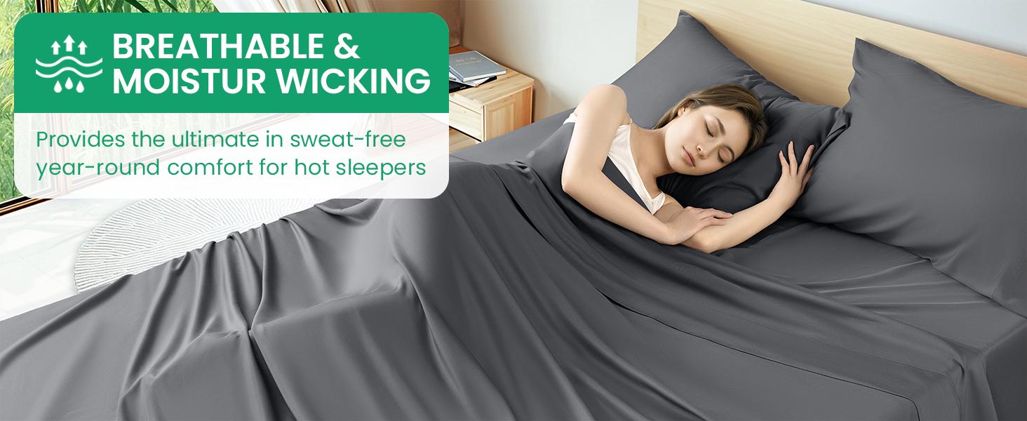 100% Viscose Derived from Bamboo_Sheets Queen Size, Breathable & Cooling Bed Sheets for Hot Sleepers, Hotel Luxury Bedding Sheets, 16" Deep - 4PC (Dark Grey,Queen)