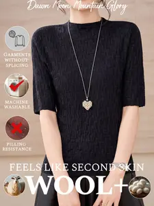 2026/2027 All Seasons New Upgraded Women's Small Check Short Sleeve Sweater with Fine Merino Wool & Mulberry Silk, Seamless Knit, Machine Washable Anti-Pilling, Slim Soft, Breathable Skin-Friendly, Versatile Premium Casual Elegant Sexy.