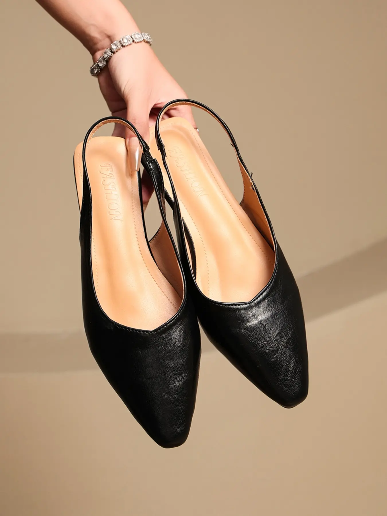 Women Pointed Toe Slingback Flats Trendy Crinkle Faux Leather Adjustable Thin Rear Strap Slip On Backless Flat Pumps Fashionable Flat Sandals Office Dating Coffee Daily Smart Casual Outfits 3 Colors Black Nude Burgundy