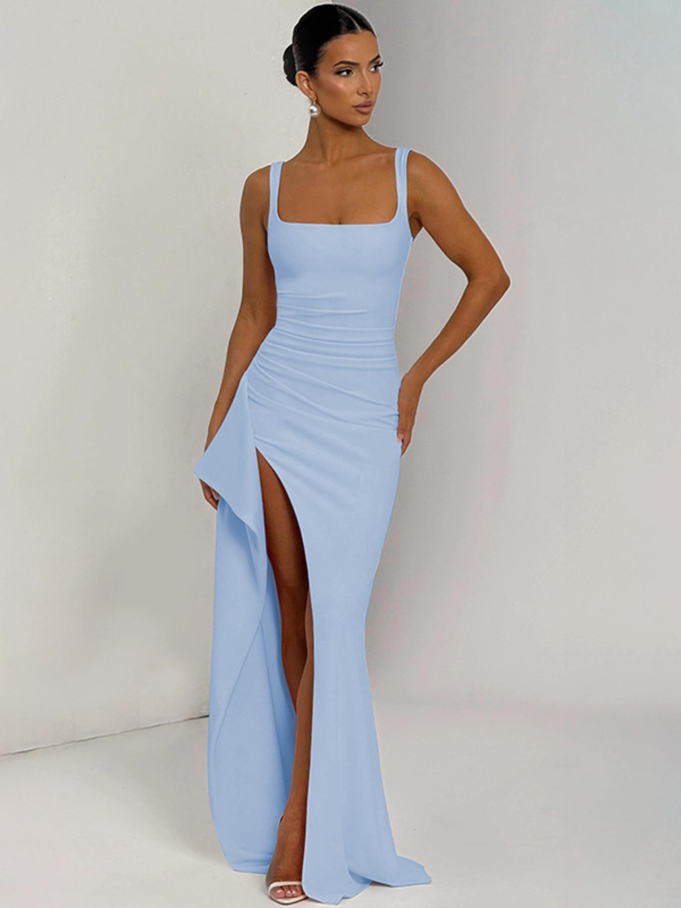 Sleeveless Slit Thigh Backless Dress, Elegant Sexy Sleeveless Dress  Suitable for Party Club Date Wear, Women's All-Season Long Strap Dress