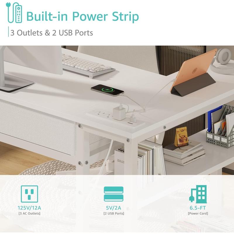 White L Shaped Desk with Drawers & Storage Shelves, 40 Inch Small Corner Desk with Power Outlet for Small Space Home Office, Study Work PC Desks for Bedroom, Get Free Gift