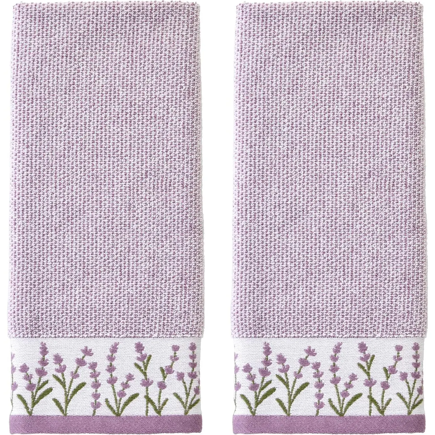 Lavender Border 100% Cotton Jacquard 2pc Hand Towel Set, Embroidered & Decorative for Bath/Kitchen/Bar & Gift, Purple