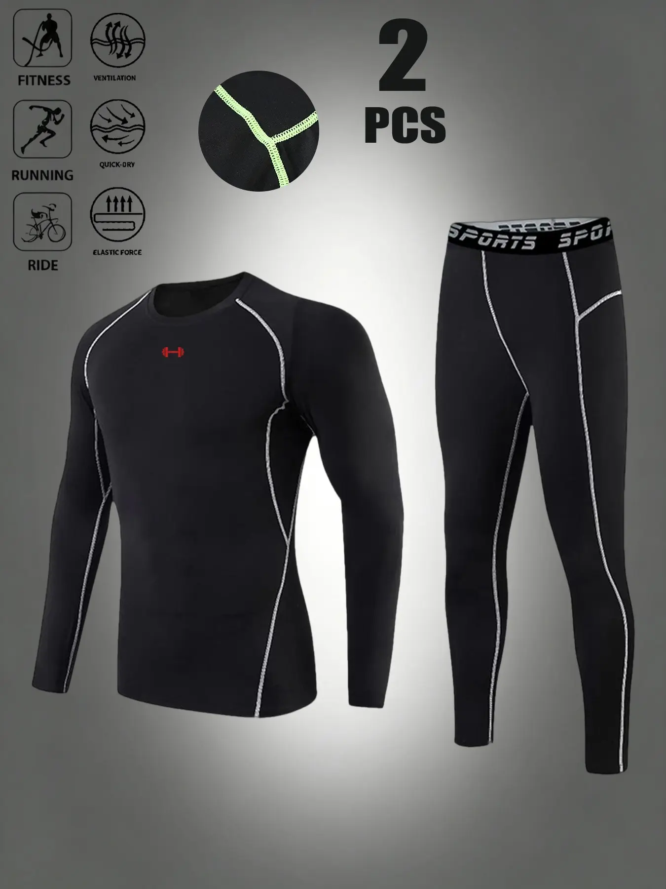 Men's Two-Piece Compression Workout Set, Quick-Dry Breathable Long Sleeve Top, High Stretch Tight Pants, Athleisure Streetwear